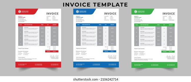 Diseño mínimo de facturas para empresas.Limpiar plantilla de factura en 3 colores diferentes.
Imprimir las facturas de precio comercial y las plantillas de diseño de diseño de facturas vectoriales de acuerdos de pago listos para usar.