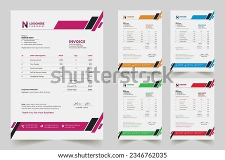 Invoice minimal design template. Bill form business invoice accounting. Modern and creative corporate business invoice template | Company business invoice template with color variation bundle	