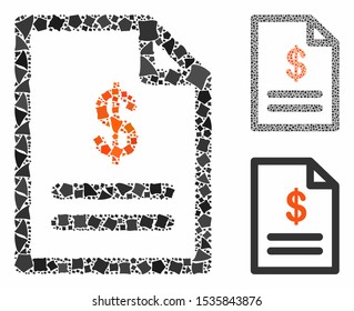 Invoice mosaic of abrupt items in various sizes and color tones, based on invoice icon. Vector trembly items are composed into mosaic. Invoice icons collage with dotted pattern.