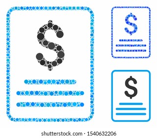 Invoice mosaic of round dots in various sizes and color tones, based on invoice icon. Vector round dots are composed into blue illustration. Dotted invoice icon in usual and blue versions.