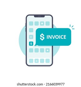 Ley digital sobre el concepto de smartphone. Mensaje de notificación de inserción en el teléfono móvil con pago de factura electrónica. Icono de pago de factura en línea. Ilustración del vector