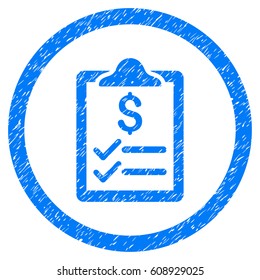 Invoice Pad grainy textured icon inside circle for overlay watermark stamps. Flat symbol with dust texture. Circled vector blue rubber seal stamp with grunge design.