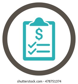 Invoice Pad vector bicolor rounded icon. Image style is a flat icon symbol inside a circle, grey and cyan colors, white background.