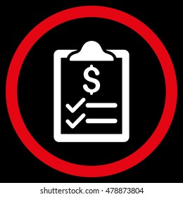 Invoice Pad vector bicolor rounded icon. Image style is a flat icon symbol inside a circle, red and white colors, black background.