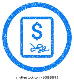 Invoice Page grainy textured icon inside circle for overlay watermark stamps. Flat symbol with scratched texture. Circled vector blue rubber seal stamp with grunge design.