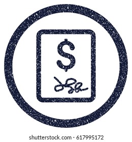 Invoice Page grainy textured icon inside circle for overlay watermark stamps. Flat symbol with dust texture. Circled vector indigo blue rubber seal stamp with grunge design.