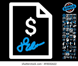 Invoice Page icon with bonus calendar and time management elements. Vector illustration style is flat iconic bicolor symbols, blue and white colors, black background.