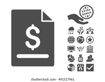 Invoice Page icon with bonus pictogram. Vector illustration style is flat iconic symbols, gray color, white background.