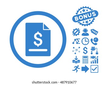 Invoice Page icon with bonus pictograph collection. Vector illustration style is flat iconic symbols, cobalt color, white background.