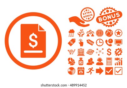 Invoice Page icon with bonus pictograph collection. Vector illustration style is flat iconic symbols, orange color, white background.