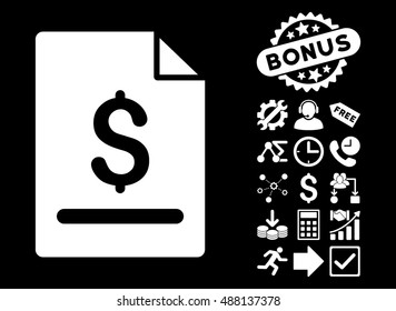 Invoice Page icon with bonus icon set. Vector illustration style is flat iconic symbols, white color, black background.