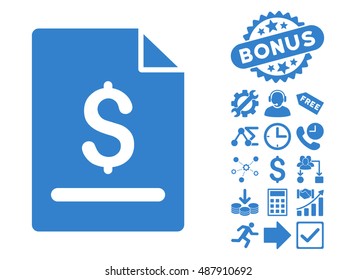 Invoice Page icon with bonus symbols. Vector illustration style is flat iconic symbols, cobalt color, white background.