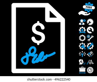 Invoice Page icon with bonus tools pictures. Vector illustration style is flat iconic bicolor symbols, blue and white colors, black background.