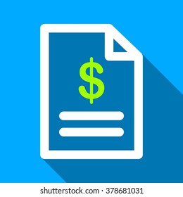 Invoice Page long shadow vector icon. Style is a flat light symbol with rounded angles on a blue square background.