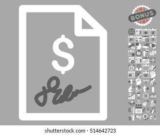 Invoice Page pictograph with bonus calendar and time management symbols. Vector illustration style is flat iconic bicolor symbols, dark gray and white colors, silver background.