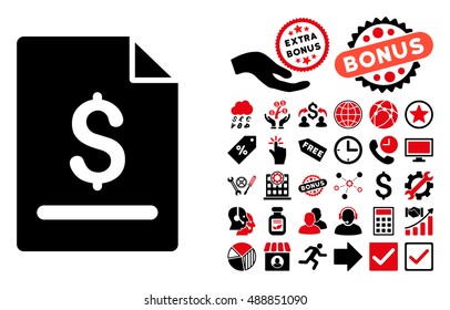 Invoice Page pictograph with bonus design elements. Vector illustration style is flat iconic bicolor symbols, intensive red and black colors, white background.