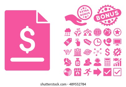 Invoice Page pictograph with bonus elements. Vector illustration style is flat iconic symbols, pink color, white background.