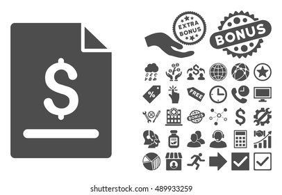 Invoice Page pictograph with bonus elements. Vector illustration style is flat iconic symbols, gray color, white background.