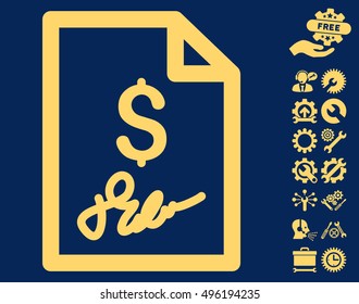 Invoice Page pictograph with bonus tools icon set. Vector illustration style is flat iconic symbols, yellow color, blue background.