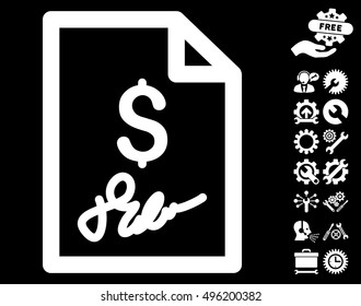 Invoice Page pictograph with bonus tools graphic icons. Vector illustration style is flat iconic symbols, white color, black background.