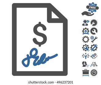 Invoice Page pictograph with bonus tools pictogram. Vector illustration style is flat iconic bicolor symbols, cobalt and gray colors, white background.