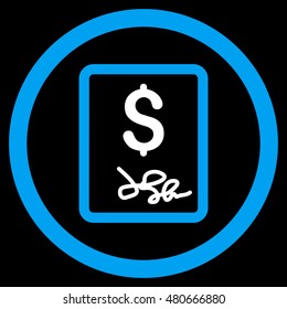 Invoice Page rounded icon. Vector illustration style is flat iconic bicolor symbol, blue and white colors, black background.