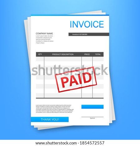 Invoice with paid stamp in clipboard. Accounting concept. Customer service. Vector stock illustration.