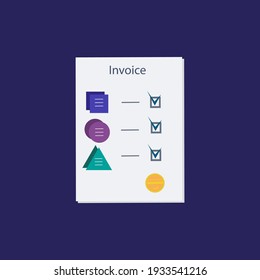 Invoice. The paper document is marked with successful check marks. The concept of ordering goods or payment according to the price list. Triangle, circle, square. Vector illustration