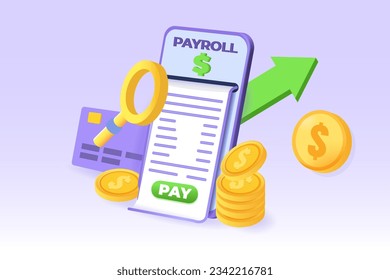 Invoice paper, payroll, salary payment 3d  realistic concept. Vector illustration