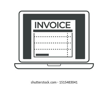 Invoice paper shown on personal computer screen vector. Isolated icon of pc with financial information for its receiver. Laptop with page data on monitor, flat style colorless gadget with notes
