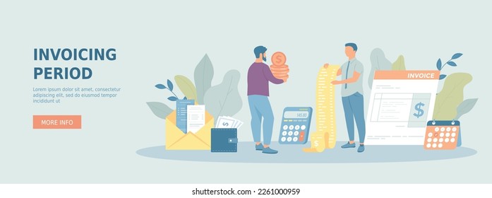 Invoice payment by billing calendar. Man calculate bill, receipt and pay money. Promotional web banner. Cartoon flat vector illustration with people characters.	
