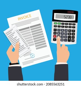 Invoice Payment Concept. Invoice Form With Paper Documents And Calculator. Pay The Bills, Invoices, Payrolls. Vector