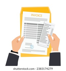 Invoice payment concept. Invoice form with paper documents and calculator. Pay the bills, invoices, payrolls. Vector