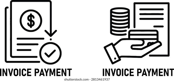 Invoice payment processing line art icons with document transaction currency business accounting commerce management financial settlement