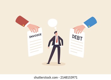Invoice, payment receipt or monthly installments. Tax invoices or expenses that are due to be paid. A businessman or young man receives a large amount of invoices.