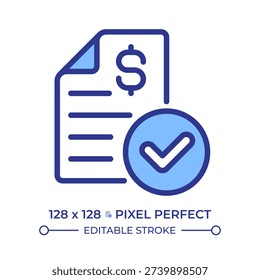 Invoice pixel perfect line color icon. Commercial document by seller to buyer. Financial report. Business documentation. Isolated vector illustration. Flat colorful symbol design. Editable stroke