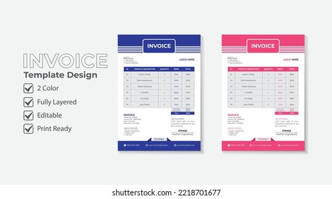 Invoice, price list, order form or bill template layout design