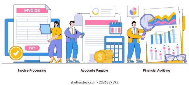 Invoice processing, accounts payable, financial auditing concept with character. Financial transparency abstract vector illustration set. Invoice verification, financial scrutiny, audit trail.