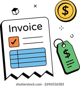 Processamento de fatura com detalhes de pagamento e etiqueta de preço. Perfeito para conteúdo financeiro, contábil ou relacionado a auditoria. Ilustração vetorial plana isométrica.