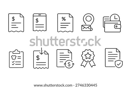 Invoice and Receipt Line Icons Set – Billing, Payment and Financial Document Vector Collection