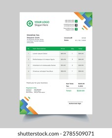 Invoice receipt template with itemized list and colorful geometric accents