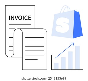 Invoice and shopping bags with growth chart. Ideal for business, finance, marketing, e-commerce, and sales themes. Modern and clean style