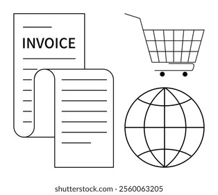 An invoice, a shopping cart, and a globe outline in black and white. Ideal for e-commerce, online shopping, payment processing, international trade, and digital transactions. Simple line art style