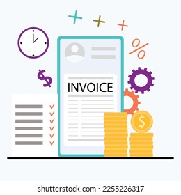 Factura en smartphone, pago inteligente usando banca por Internet. Vector de pago en línea para factura por smartphone, ilustración de transacción móvil de dinero