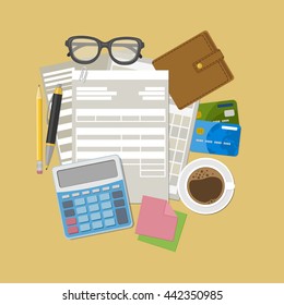 Invoice and tax payment concept. Purse, credit card bank, calculator, pencil, pen, coffee mug, glasses, stickers for notes. Vector illustration.