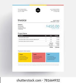 Invoice template colorful design in minimal style - three colors - yellow, blue, red - creative business template