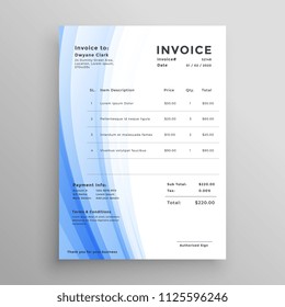 invoice template design with blue wavy shape