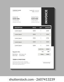 Invoice template design for your business, Editable Corporate Invoice Template Vector for Billing and Vouchers, Corporate professional and creative invoice design template with gray and black color. 
