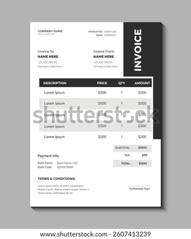 Invoice template design for your business, Editable Corporate Invoice Template Vector for Billing and Vouchers, Corporate professional and creative invoice design template with gray and black color. 
