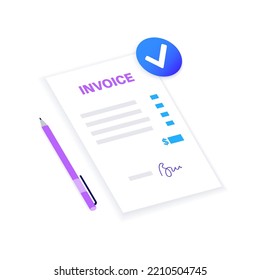 Invoice Template. Document With Text, Stamp, Seal And Signature. Payment Mockup With Notary Confirmation. Realistic File With Shadow Effect. Dilling Statement, Business Concept Vector Illustration